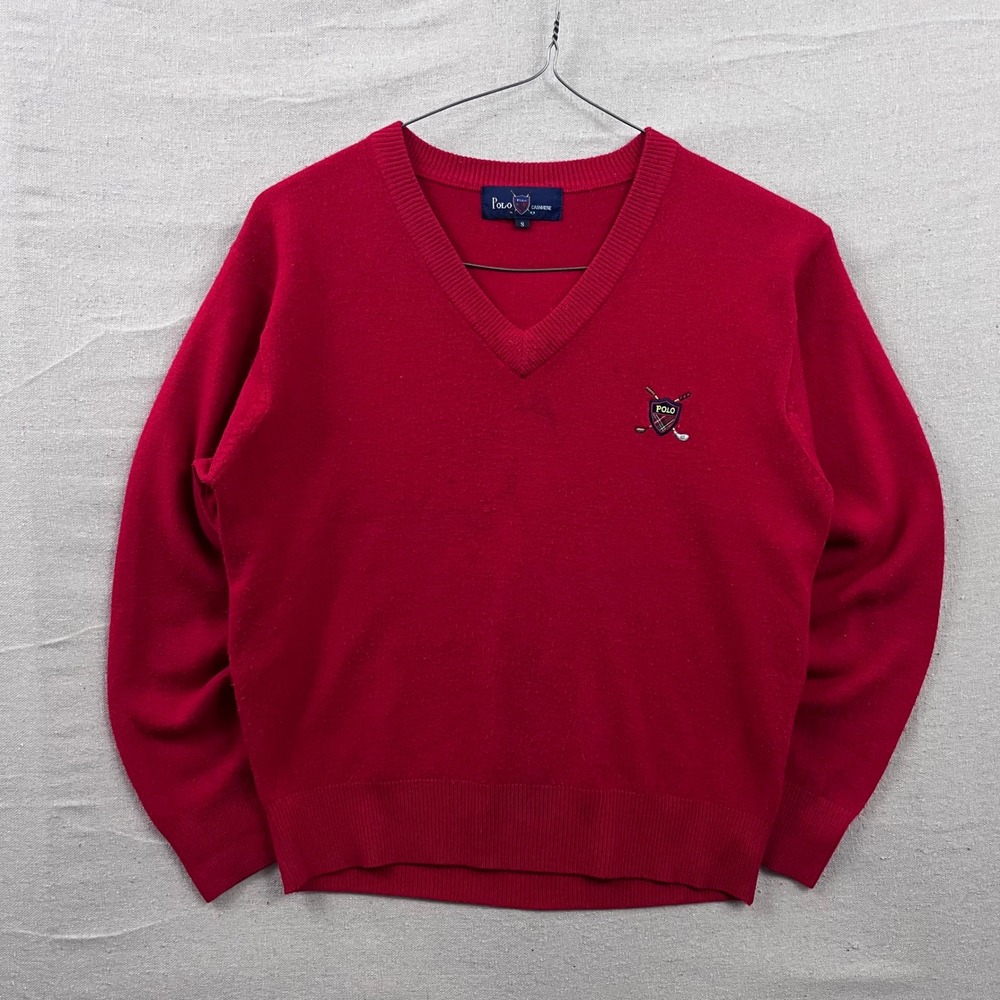 Polo Ralph Lauren V-Neck Sweater Mens Small‎ Red Cashmere Golf Crest Embroidered